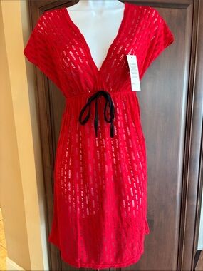 Red V-Neck Drawstring Waist Dress by KMA